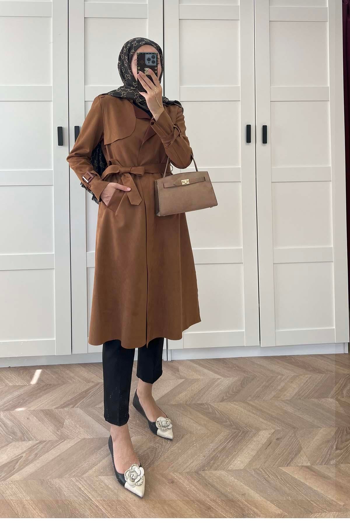 Sare Fashion Suede Trench Coat Tan