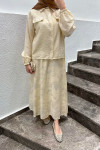 Sare Fashion Shiny Pattern Skirt Suit with Ornamental Pocket Beige