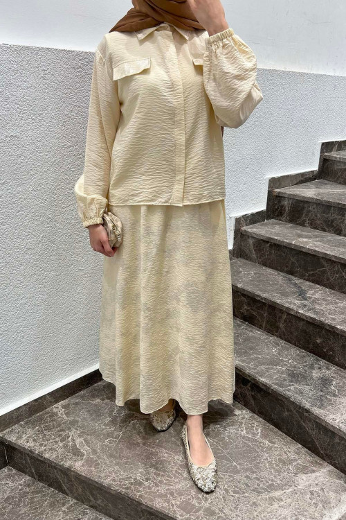 Sare Fashion Shiny Pattern Skirt Suit with Ornamental Pocket Beige