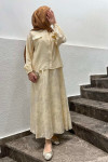 Sare Fashion Shiny Pattern Skirt Suit with Ornamental Pocket Beige