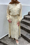 Sare Fashion Shiny Pattern Skirt Suit with Ornamental Pocket Beige