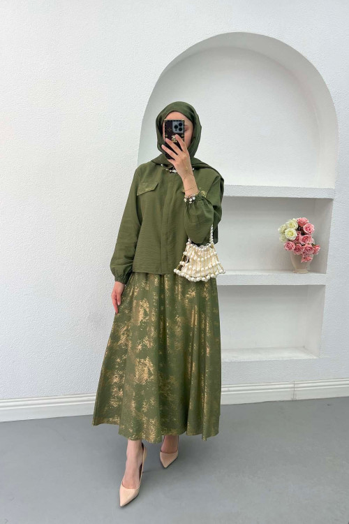 Sare Fashion Shiny Patterned Skirt Suit Khaki with Ornamental Pocket