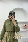 Sare Fashion Shiny Patterned Skirt Suit Khaki with Ornamental Pocket