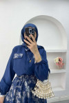 Sare Fashion Shiny Pattern Skirt Suit with Ornamental Pockets Saxe Blue