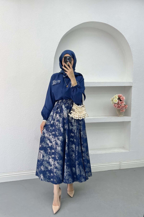 Sare Fashion Shiny Pattern Skirt Suit with Ornamental Pockets Saxe Blue