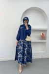 Sare Fashion Shiny Pattern Skirt Suit with Ornamental Pockets Saxe Blue