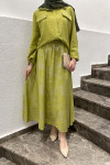 Sare Fashion Bright Pattern Skirt Suit with Ornamental Pockets Oil Green
