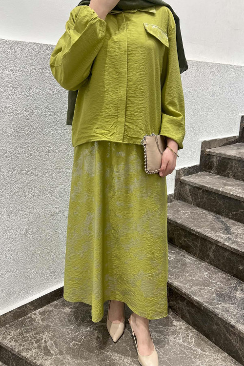 Sare Fashion Bright Pattern Skirt Suit with Ornamental Pockets Oil Green