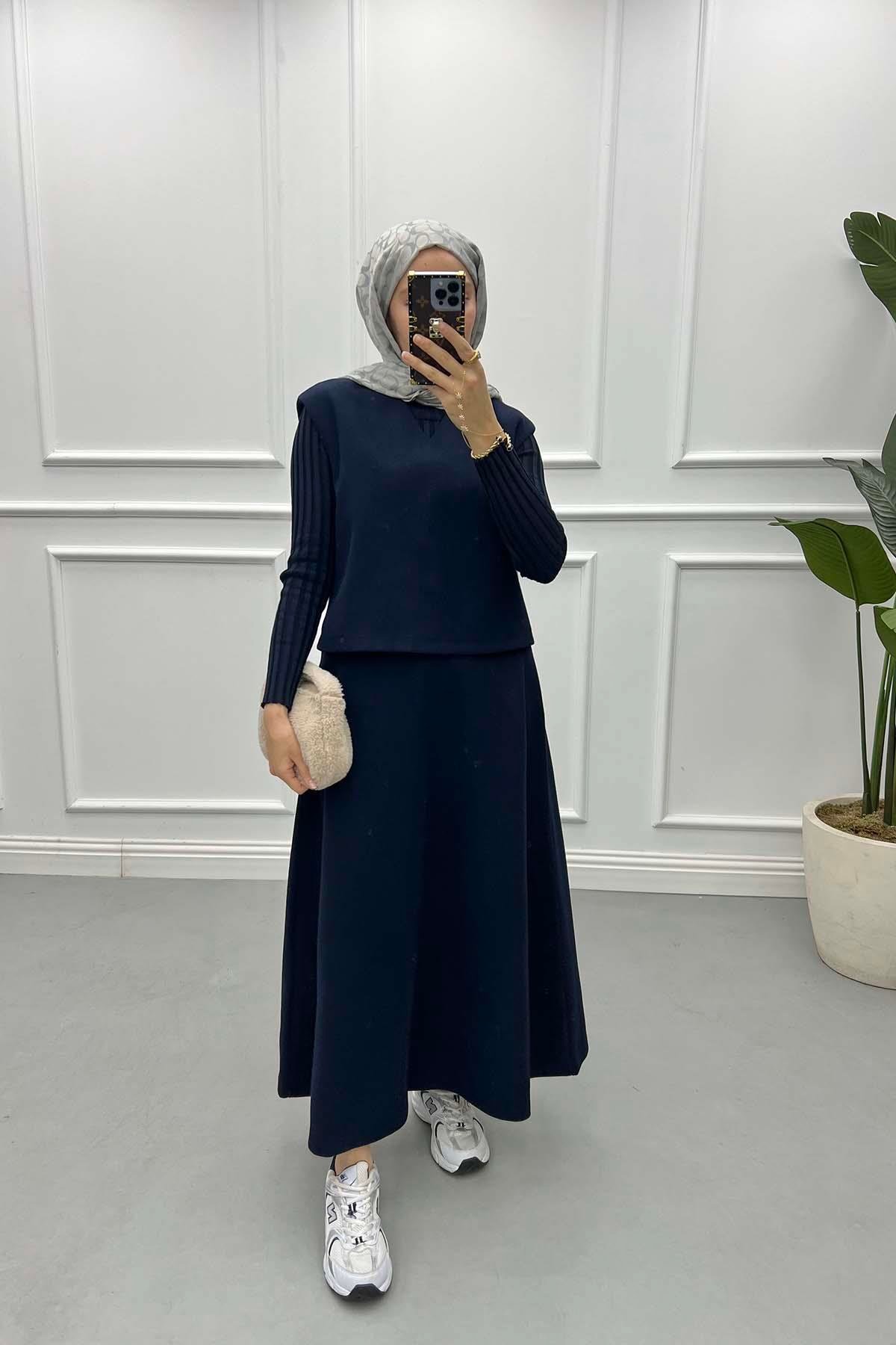 Sweater Cashmere Skirt Suit Navy Blue