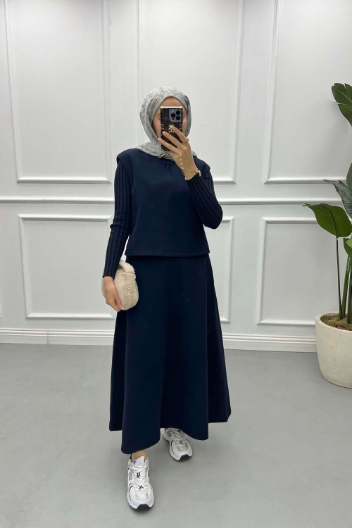 Sweater Cashmere Skirt Suit Navy Blue