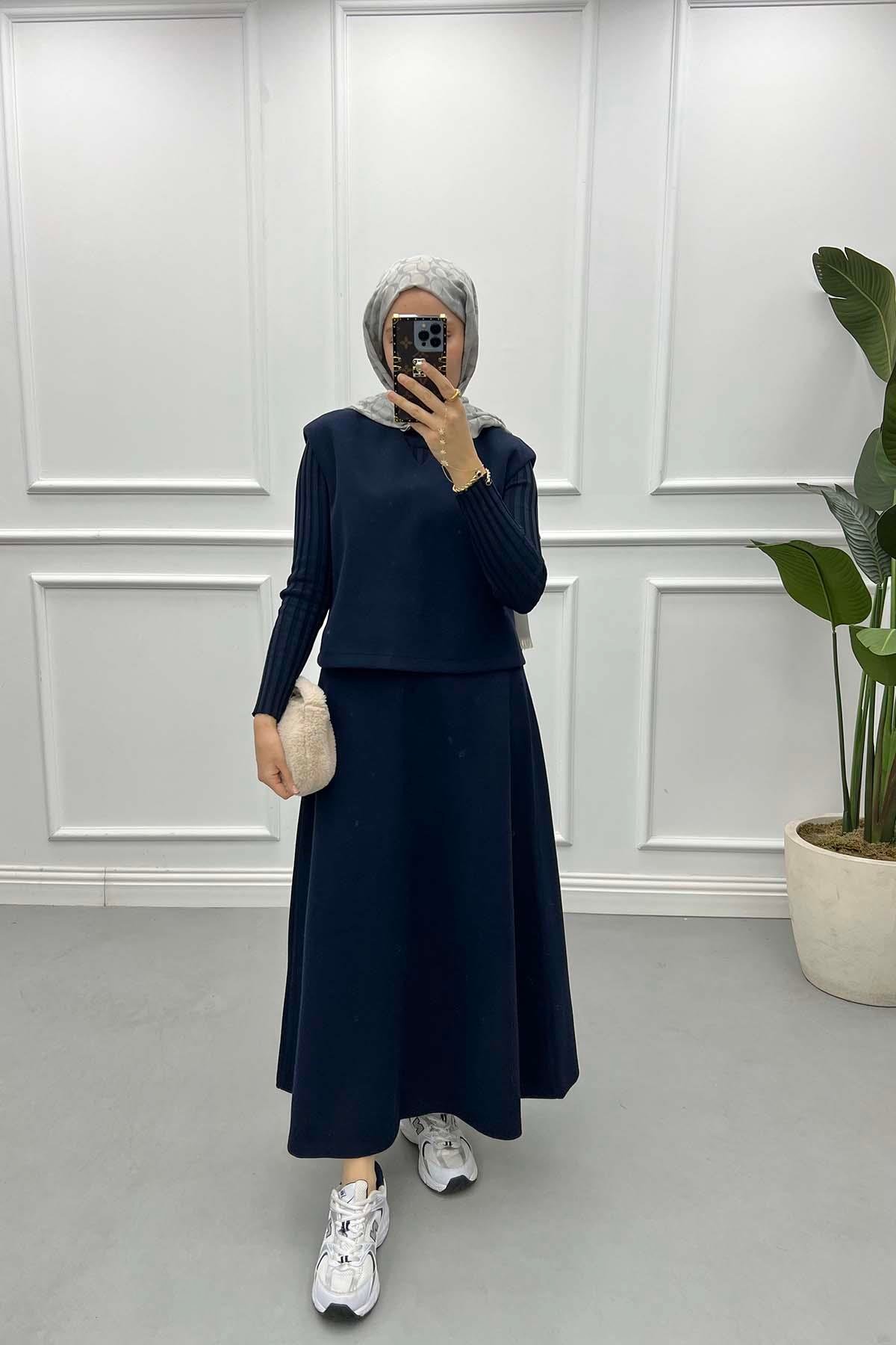 Sweater Cashmere Skirt Suit Navy Blue