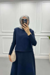 Sweater Cashmere Skirt Suit Navy Blue