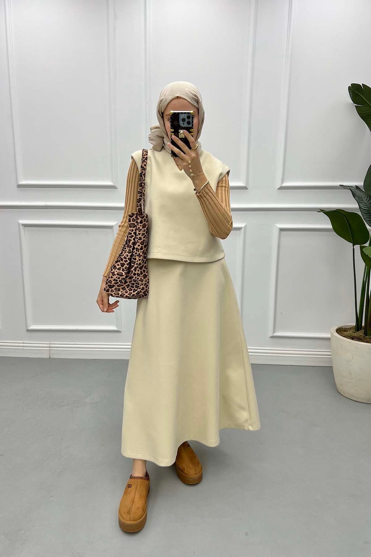 Sweater Cashmere Skirt Set Stone