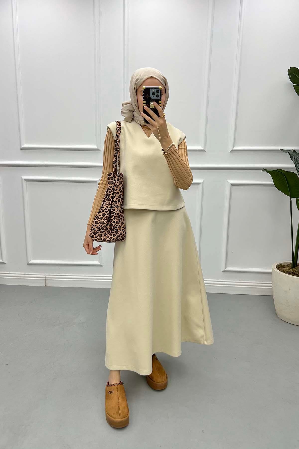 Sweater Cashmere Skirt Set Stone