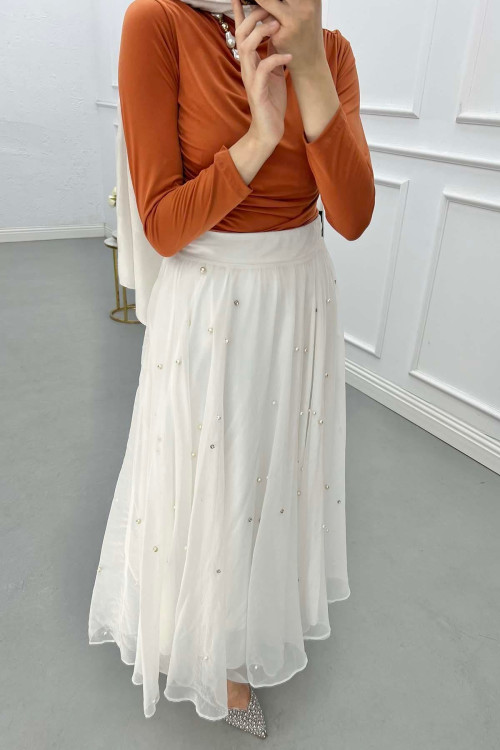 Sare Fashion Stone Detailed Lined Tulle Skirt White