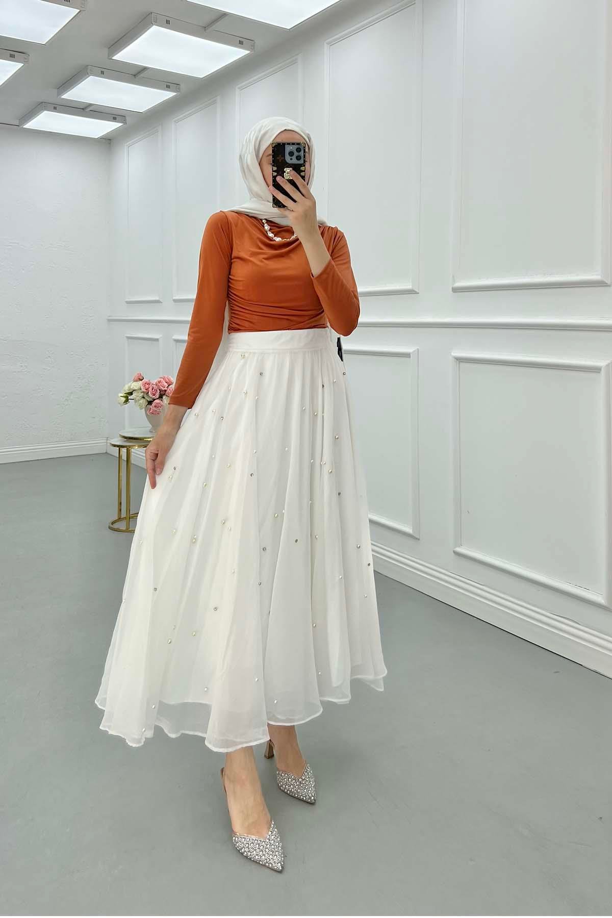 Sare Fashion Stone Detailed Lined Tulle Skirt White