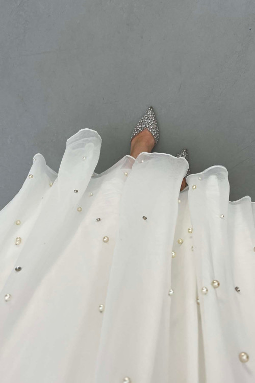 Sare Fashion Stone Detailed Lined Tulle Skirt White