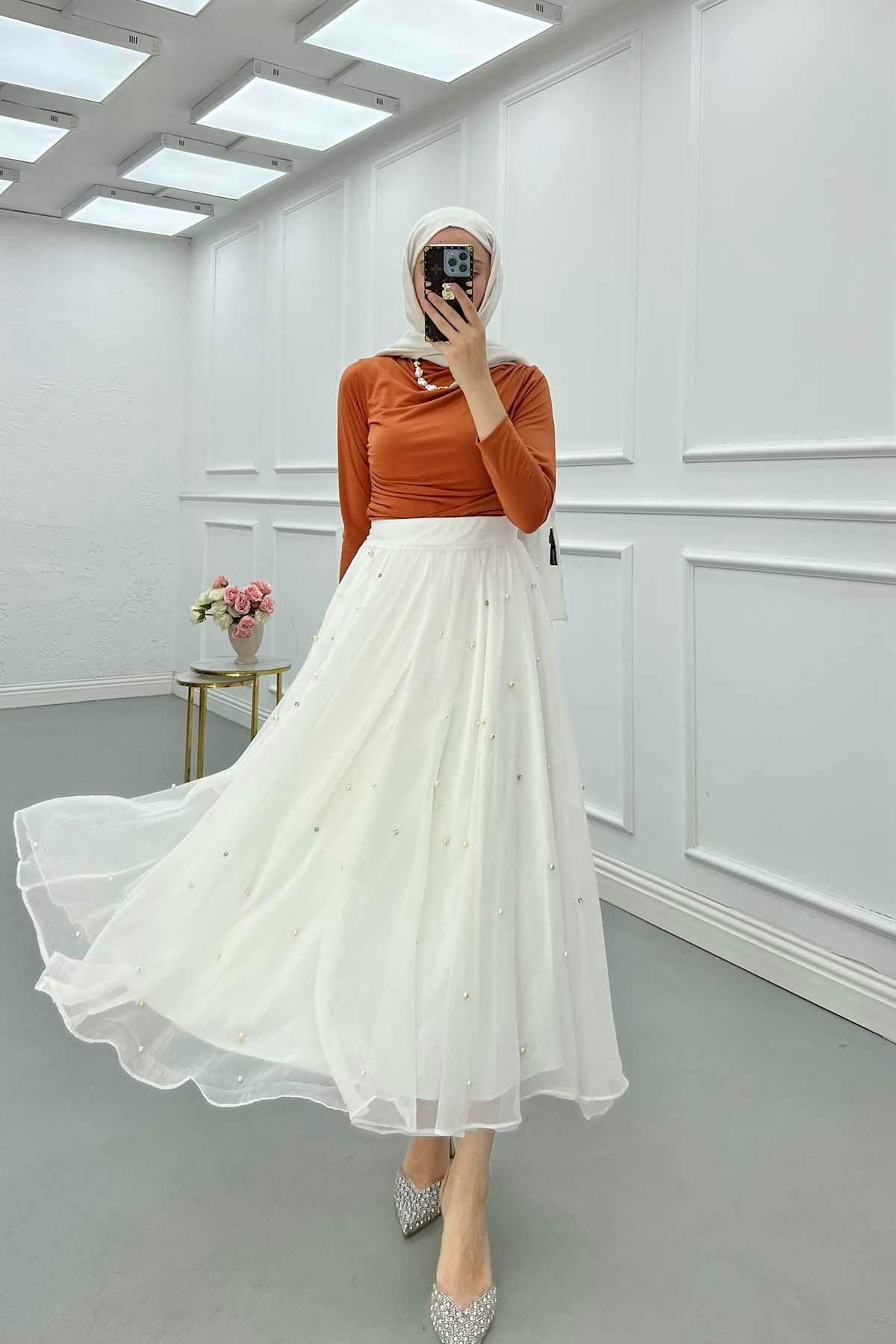 Sare Fashion Stone Detailed Lined Tulle Skirt White