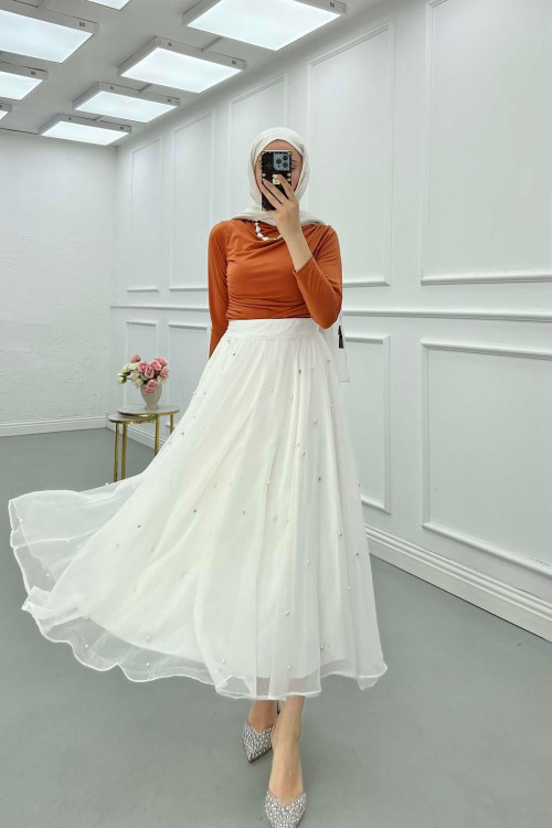 Sare Fashion Stone Detailed Lined Tulle Skirt White