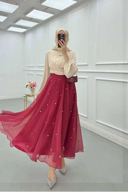 Sare Fashion Stone Detailed Lined Tulle Skirt Burgundy