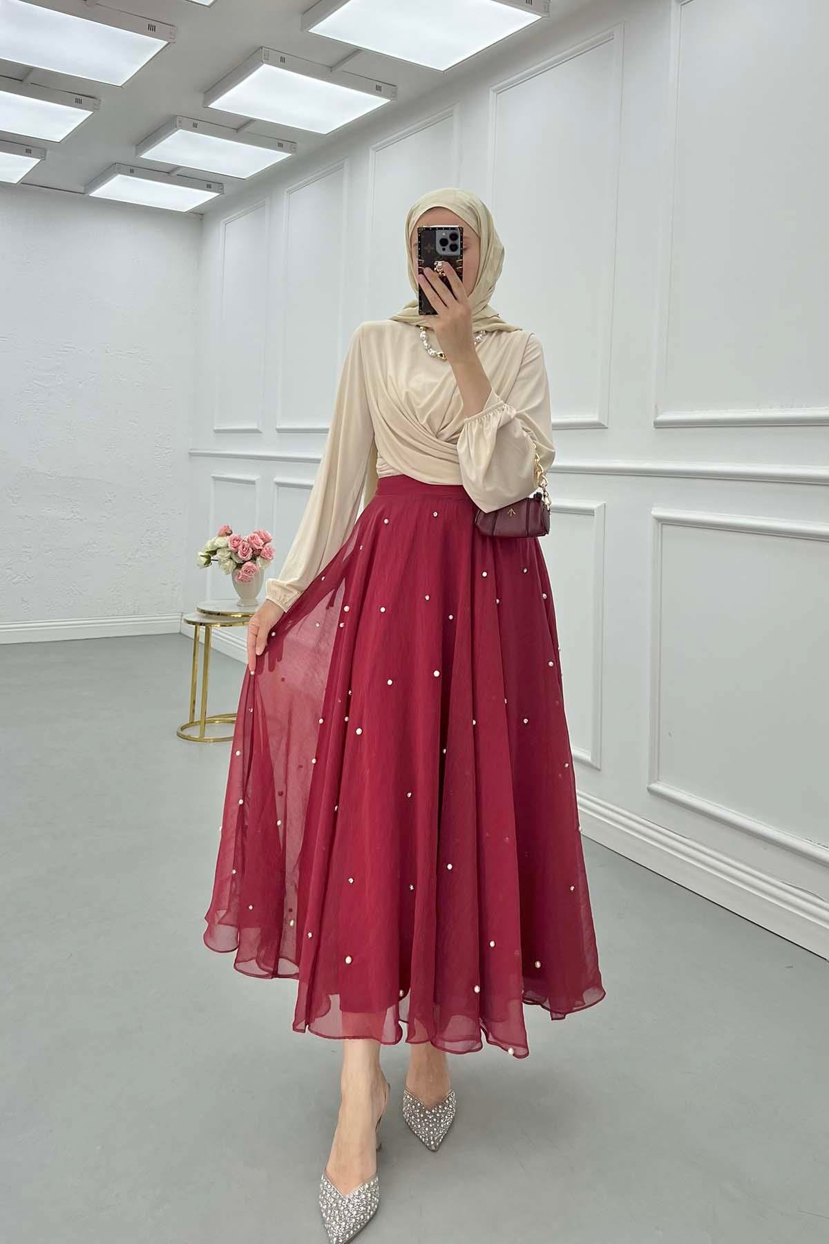 Sare Fashion Stone Detailed Lined Tulle Skirt Burgundy