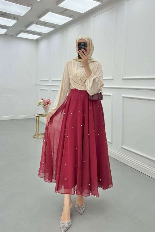 Sare Fashion Stone Detailed Lined Tulle Skirt Burgundy