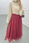 Sare Fashion Stone Detailed Lined Tulle Skirt Burgundy