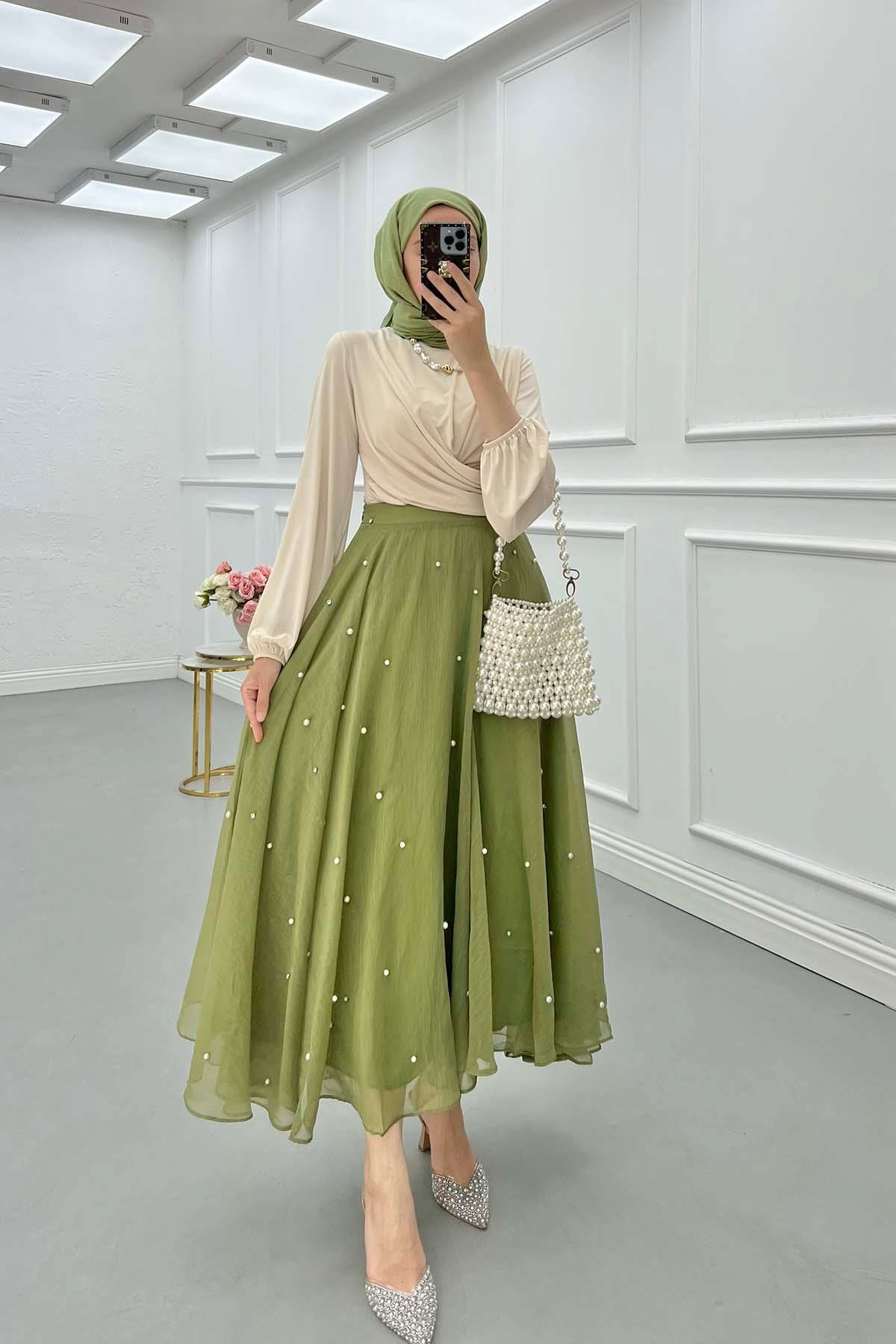 Sare Fashion Stone Detailed Lined Tulle Skirt Khaki