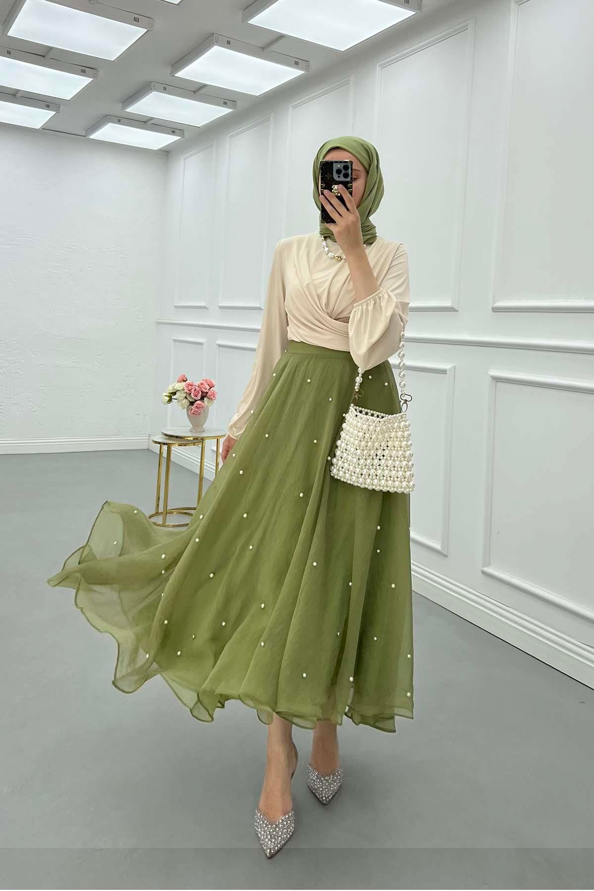 Sare Fashion Stone Detailed Lined Tulle Skirt Khaki