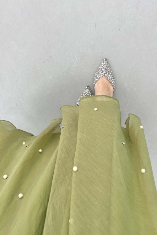 Sare Fashion Stone Detailed Lined Tulle Skirt Khaki