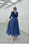 Sare Fashion Stone Detailed Lined Tulle Skirt Navy Blue