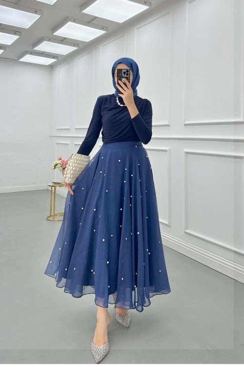 Sare Fashion Stone Detailed Lined Tulle Skirt Navy Blue
