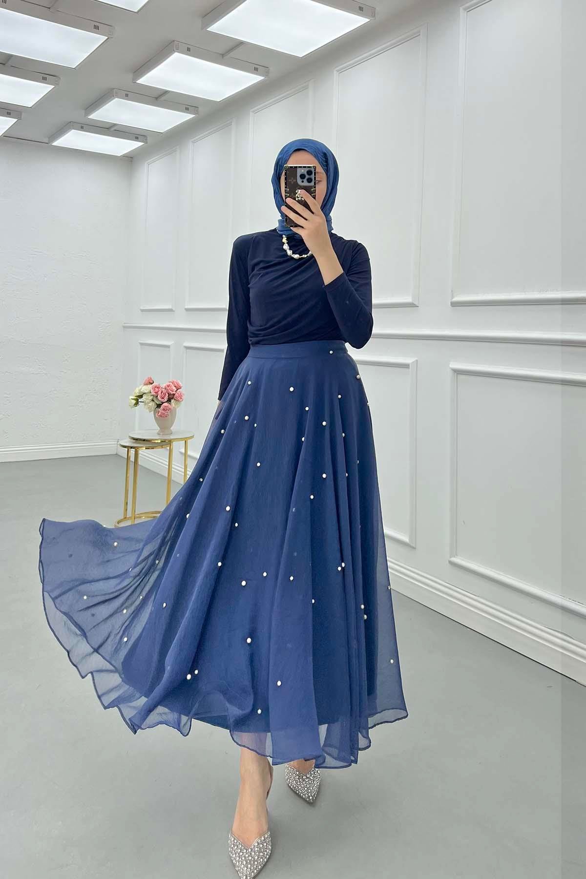 Sare Fashion Stone Detailed Lined Tulle Skirt Navy Blue