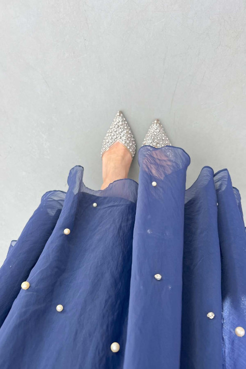 Sare Fashion Stone Detailed Lined Tulle Skirt Navy Blue