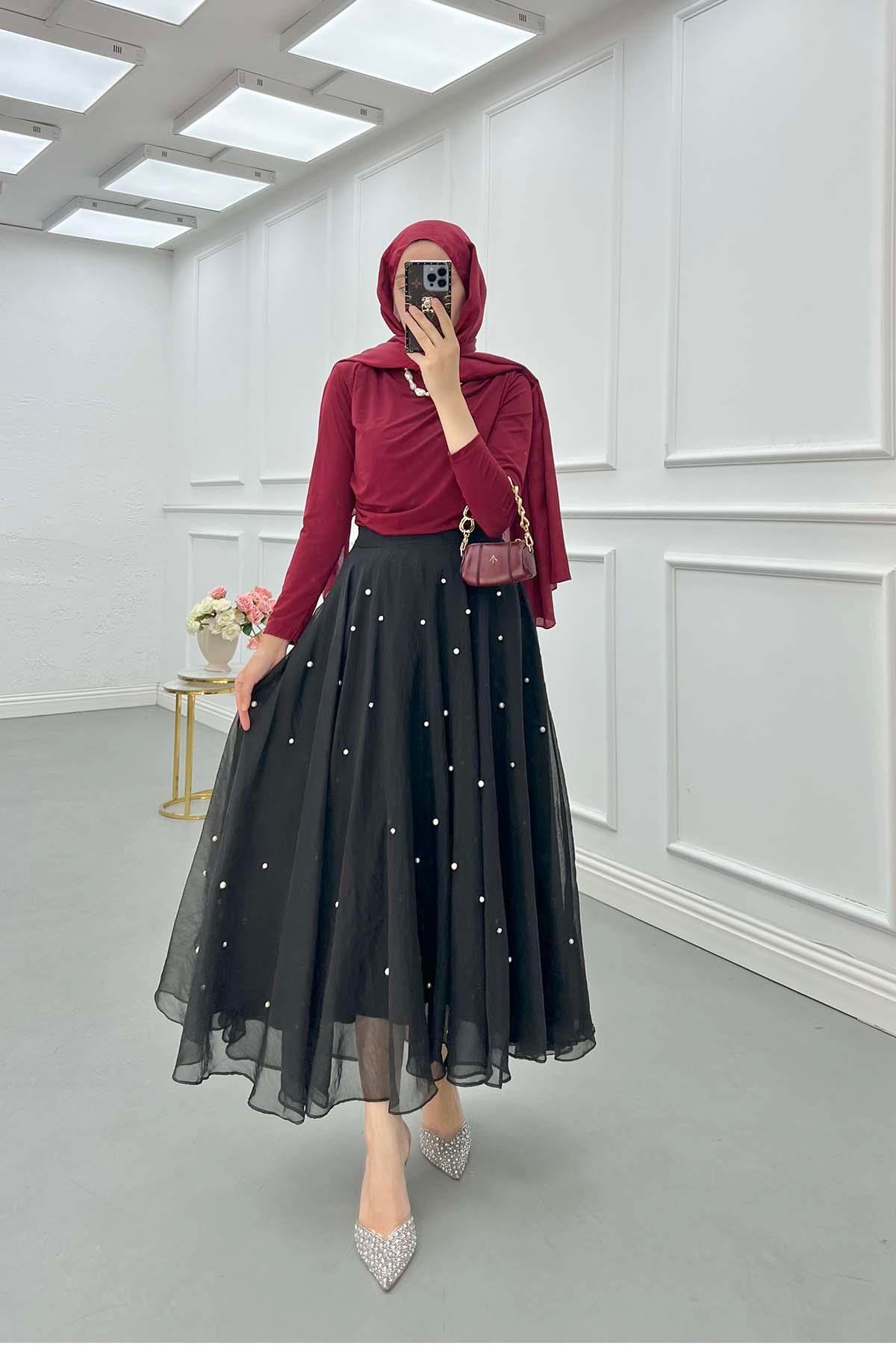 Sare Fashion Stone Detailed Lined Tulle Skirt Black
