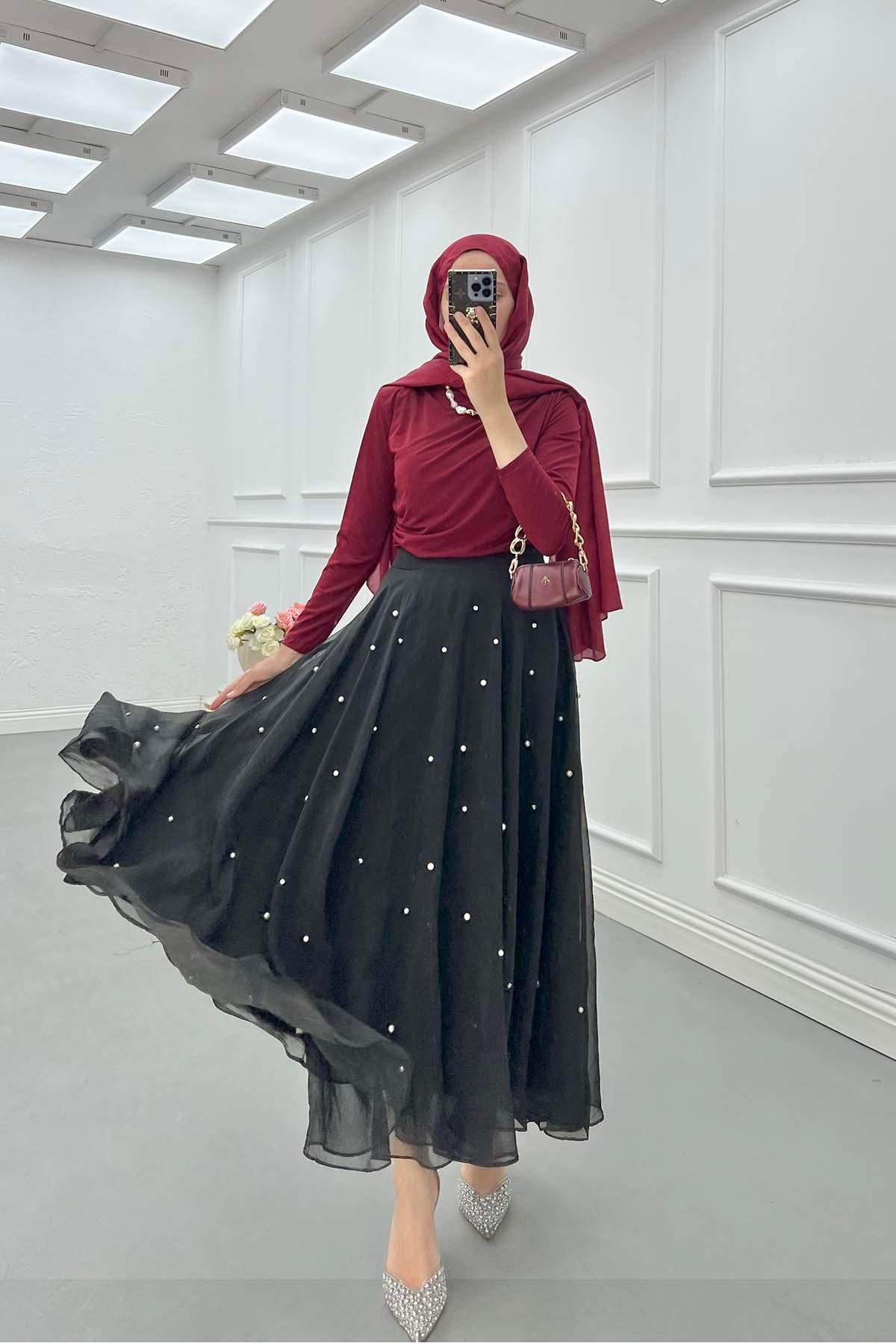Sare Fashion Stone Detailed Lined Tulle Skirt Black