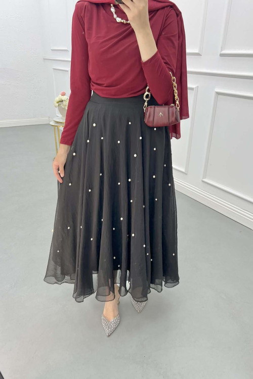 Sare Fashion Stone Detailed Lined Tulle Skirt Black