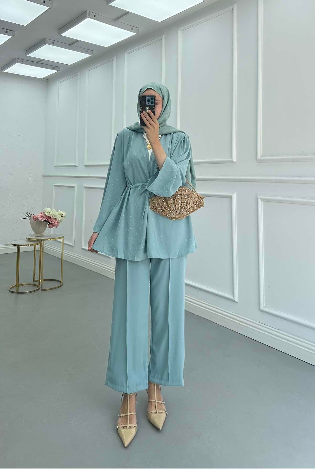 Sare Fashion Stone Detailed Tie Set Mint Green