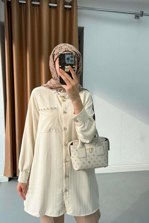 Sare Fashion Stone Detailed Striped Shirt Beige
