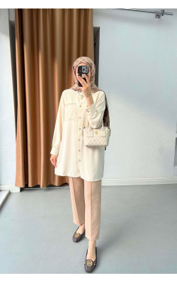 Sare Fashion Stone Detailed Striped Shirt Beige