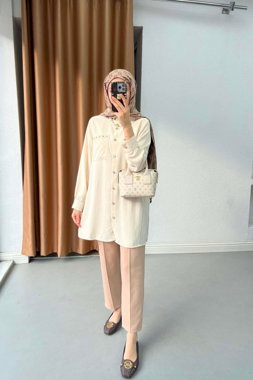 Sare Fashion Stone Detailed Striped Shirt Beige