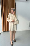 Sare Fashion Stone Detailed Striped Shirt Beige