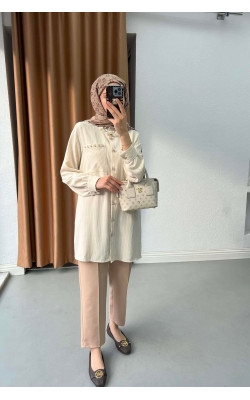 Sare Fashion Stone Detailed Striped Shirt Beige