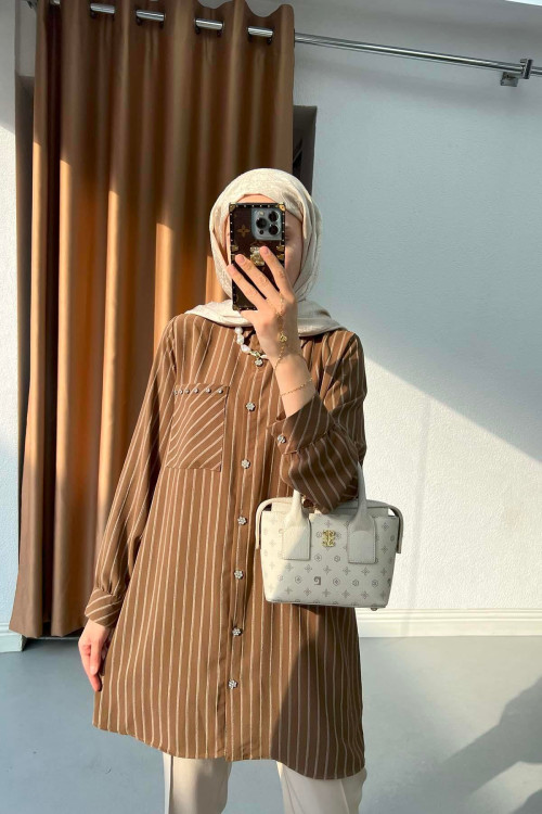 Sare Fashion Stone Detailed Striped Shirt Brown