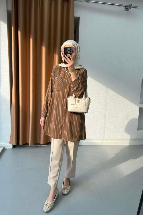 Sare Fashion Stone Detailed Striped Shirt Brown