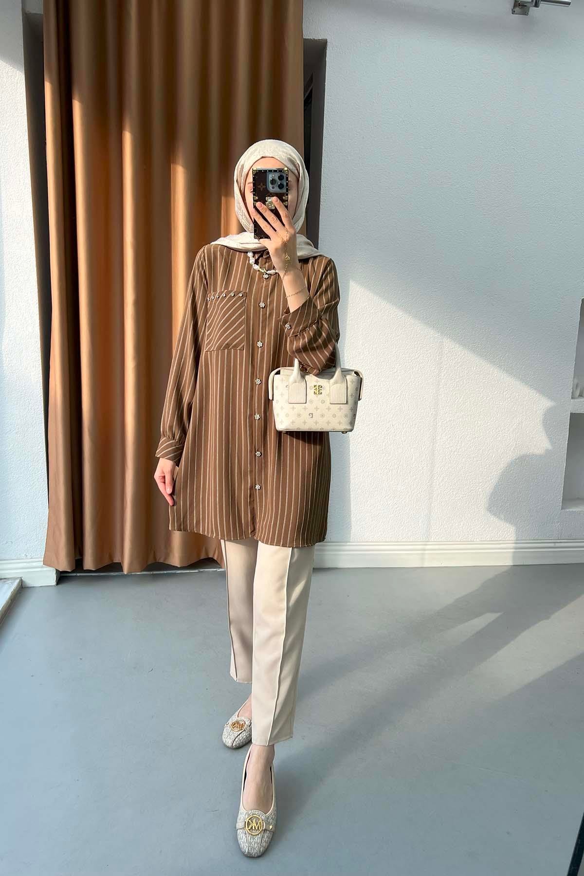 Sare Fashion Stone Detailed Striped Shirt Brown