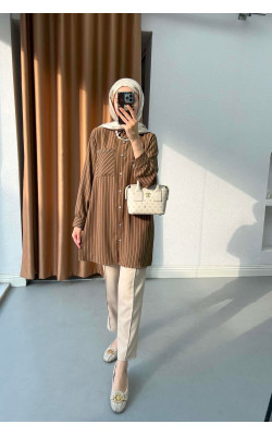 Sare Fashion Stone Detailed Striped Shirt Brown