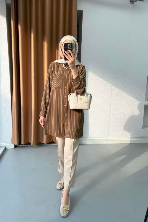 Sare Fashion Stone Detailed Striped Shirt Brown