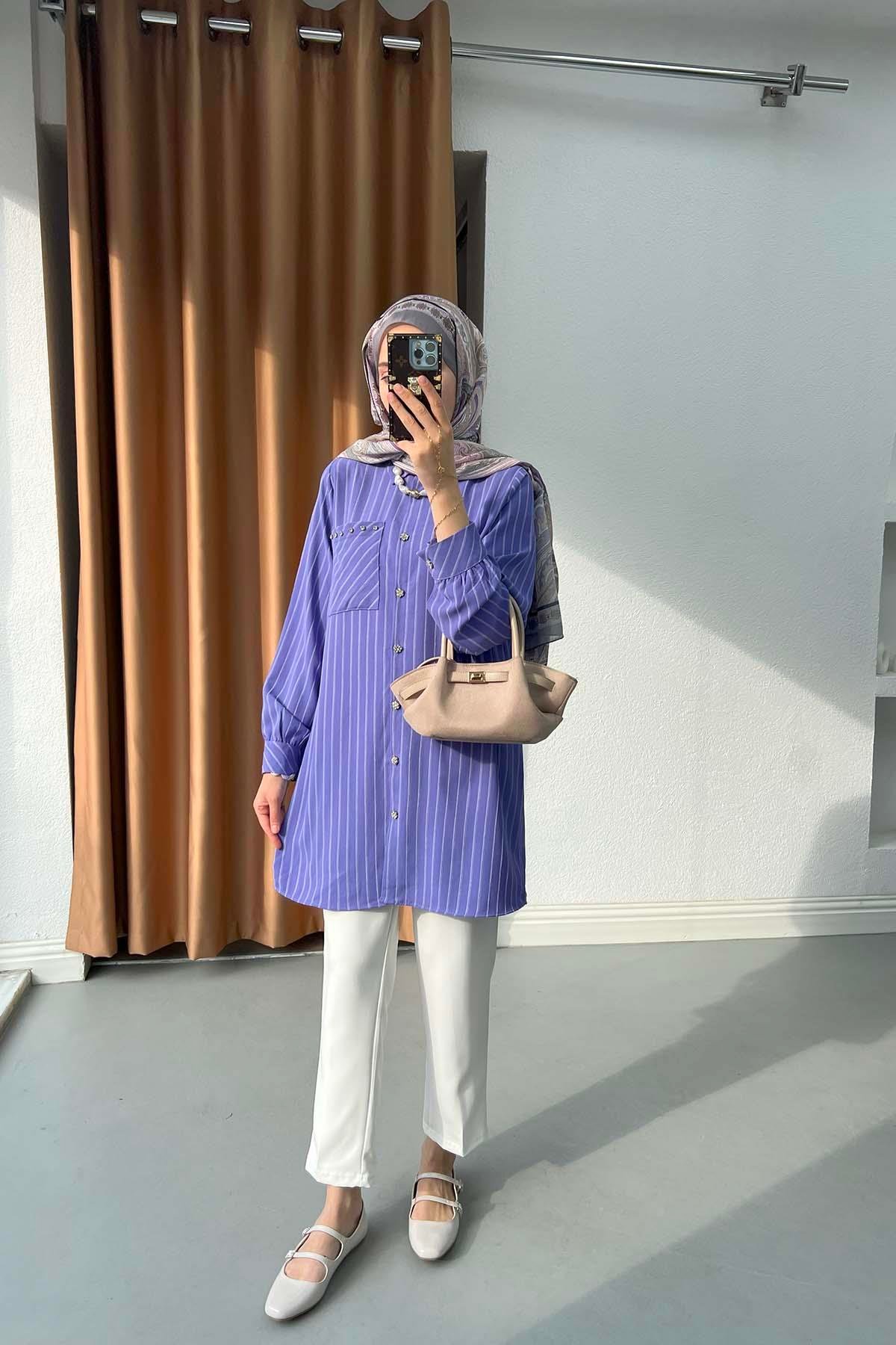 Sare Fashion Stone Detailed Striped Shirt Purple