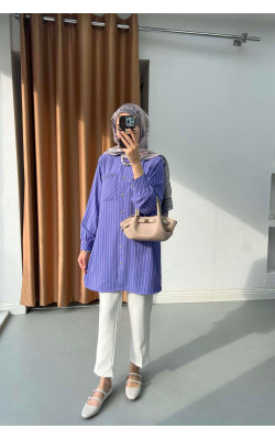 Sare Fashion Stone Detailed Striped Shirt Purple
